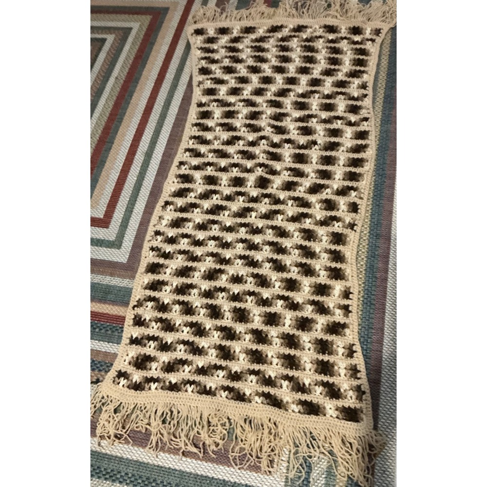 Handmade Crochet Prayer Blanket Brown Tan Cream Fringe Cross Charm Throw 32x61